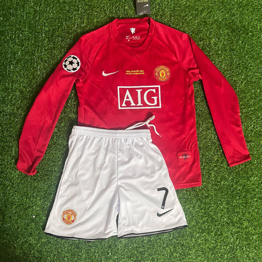 Manchester United Home Long Sleeves Retro Jersey And Shorts 2007-08 Season